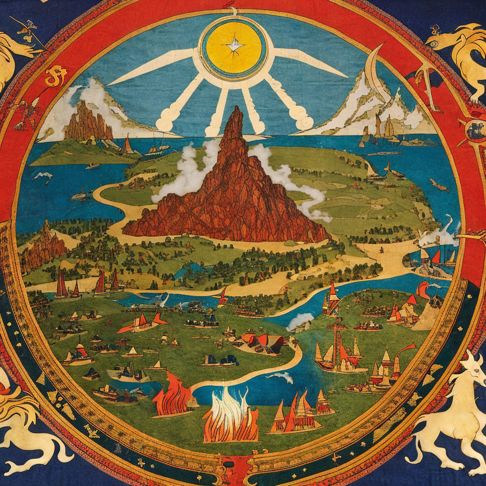 Fantastical landscape with volcano, rivers, forests, mythical creatures, and compass rose.