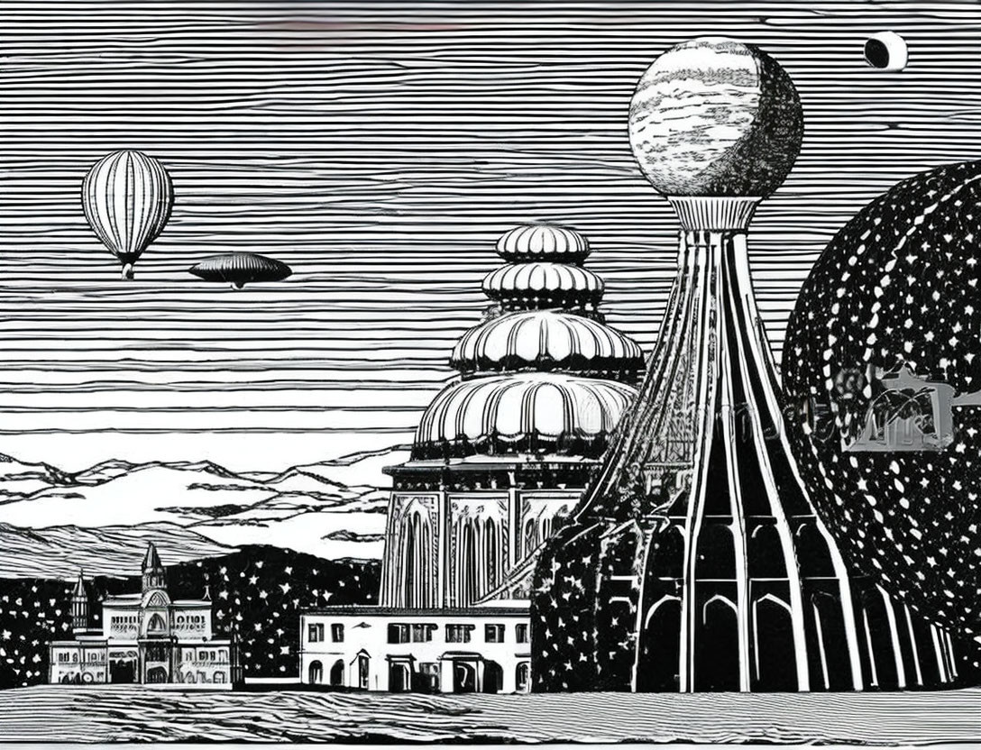 Monochrome fantasy landscape with surreal architecture, hot air balloons, and textured planet