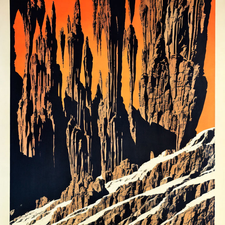 Vibrant orange and black mountain peaks in graphic art style