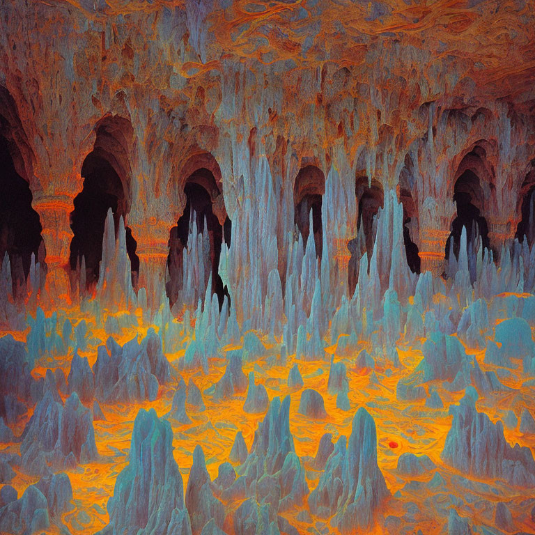 Vibrant Fiery Landscape with Stalactite Formations