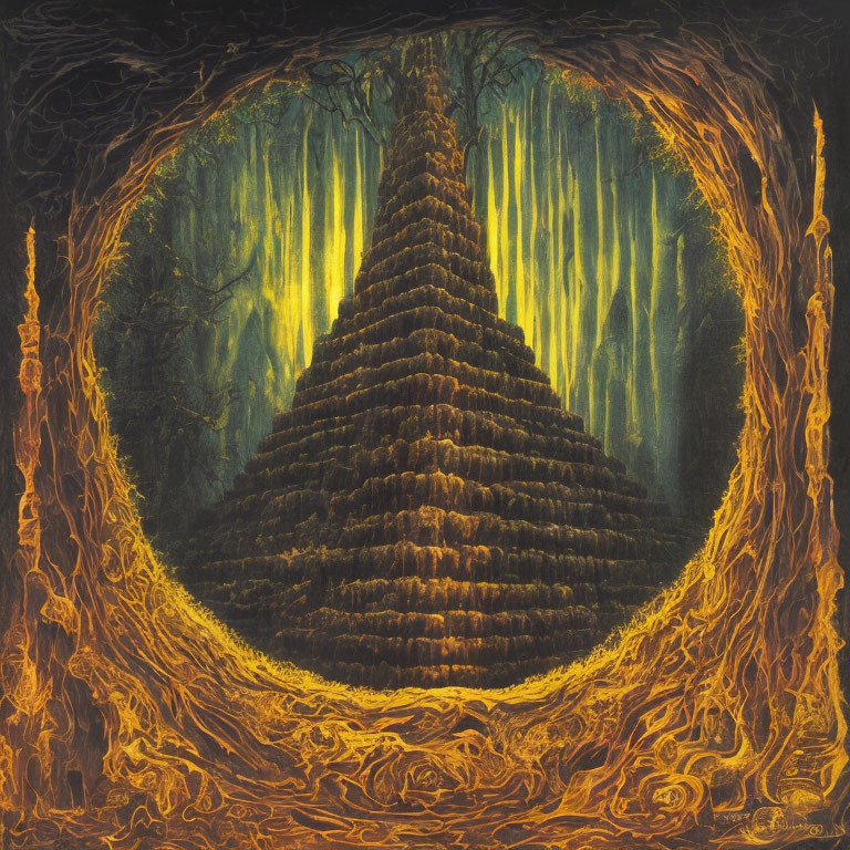 Fantastical painting of towering ziggurat in forest with fiery frame