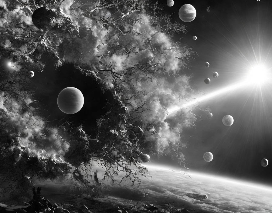 Monochrome cosmic scene: planets, light rays, nebulous clouds.