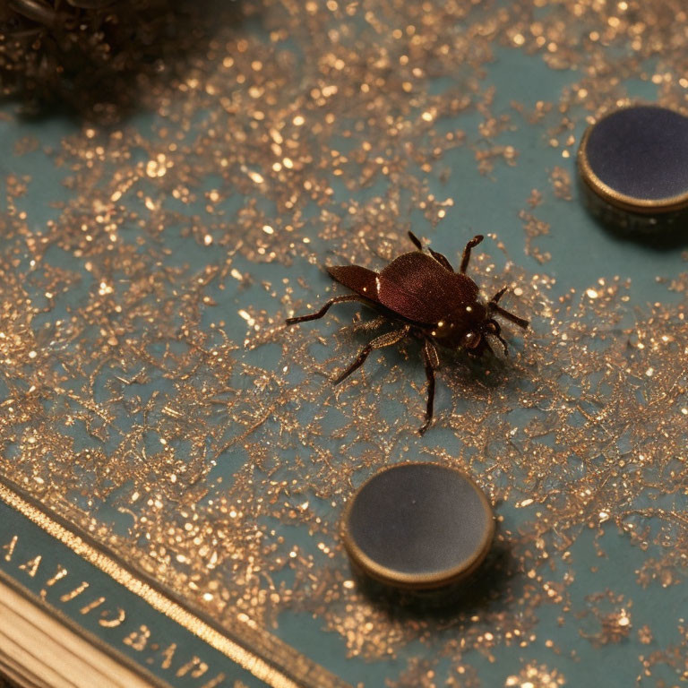 Brown Beetle on Glittering Surface Near Round Magnets and Book Edge