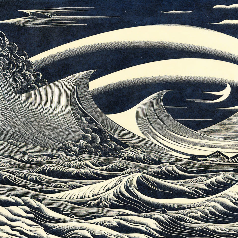 Monochrome illustration of stylized waves with crescent moon and clouds, portraying dynamic seascape