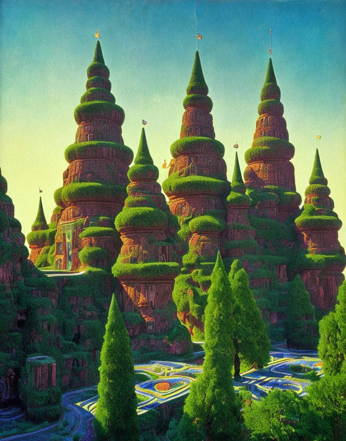 Fantasy topiary gardens with castle-shaped trees and winding pathways