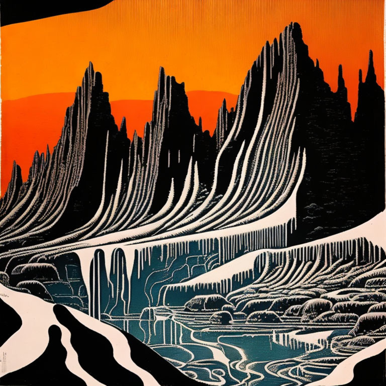 High-contrast mountain landscape graphic print with jagged peaks and river