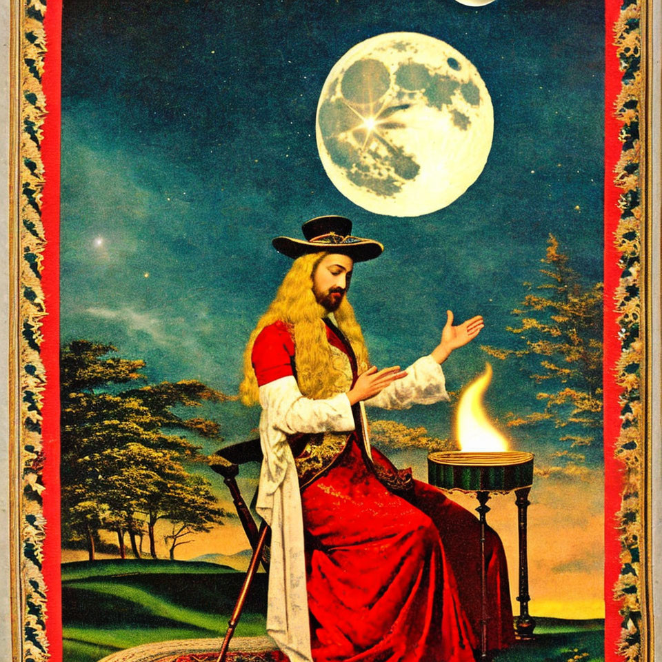 Vintage-style illustration of man with halo and flame under full moon