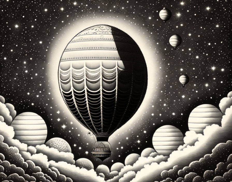 Monochrome hot air balloon in celestial sky