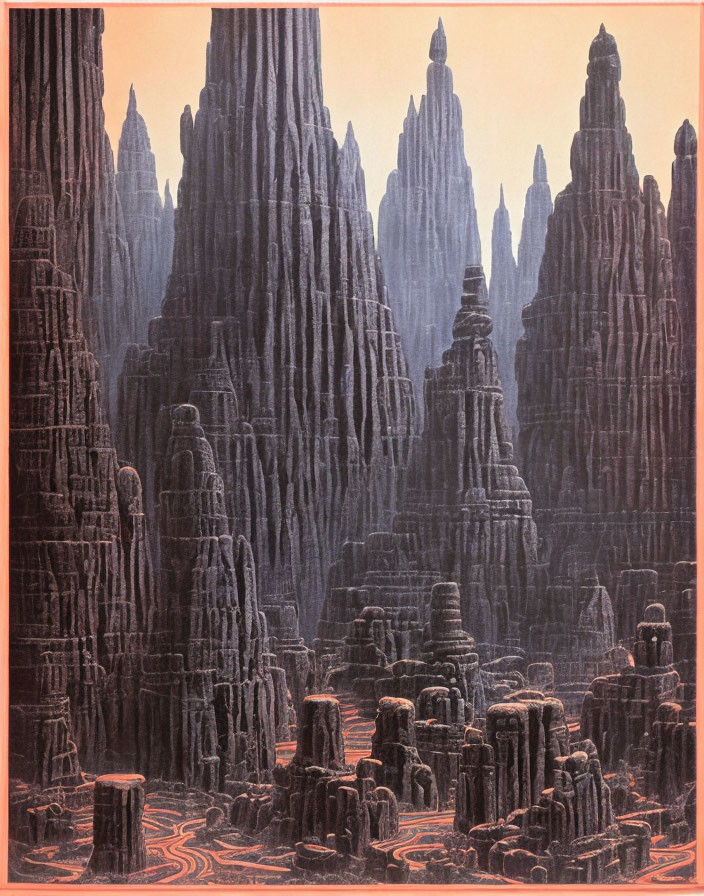 Alien landscape with towering spires and lava streams under reddish sky