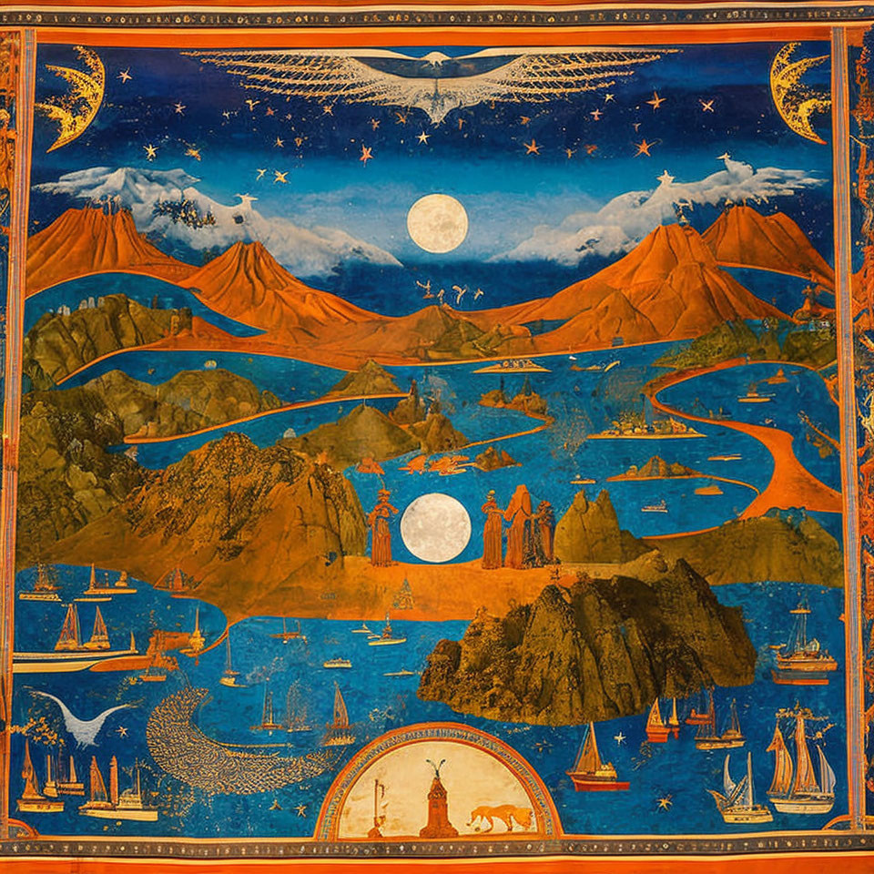 Fantastical landscape with star-filled night sky and full moon