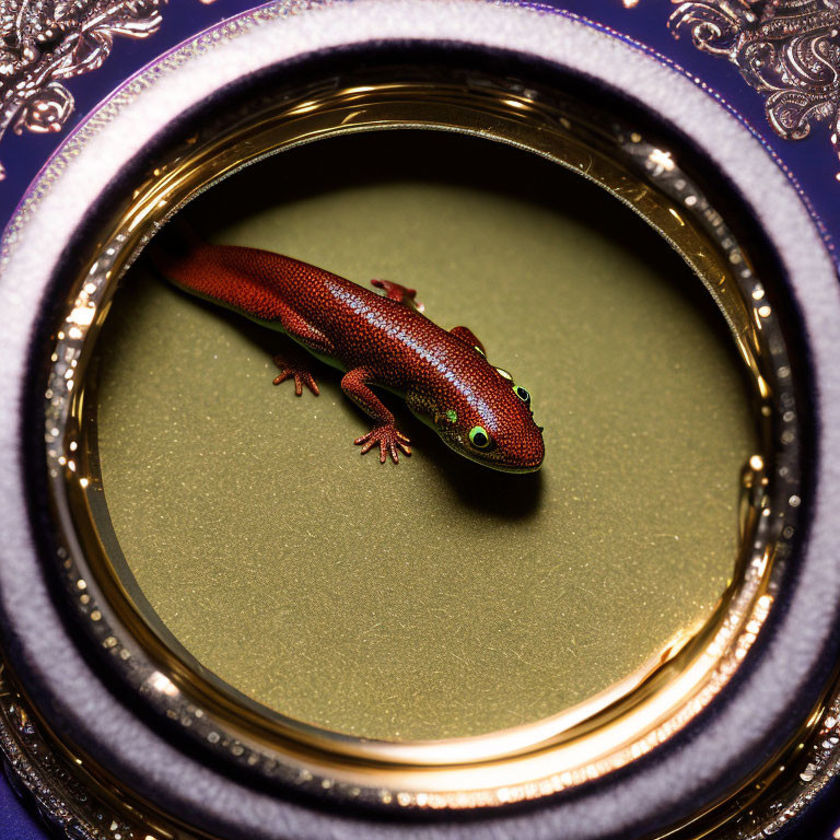 Red gecko with green spots in ornate golden-framed mirror on blue surface