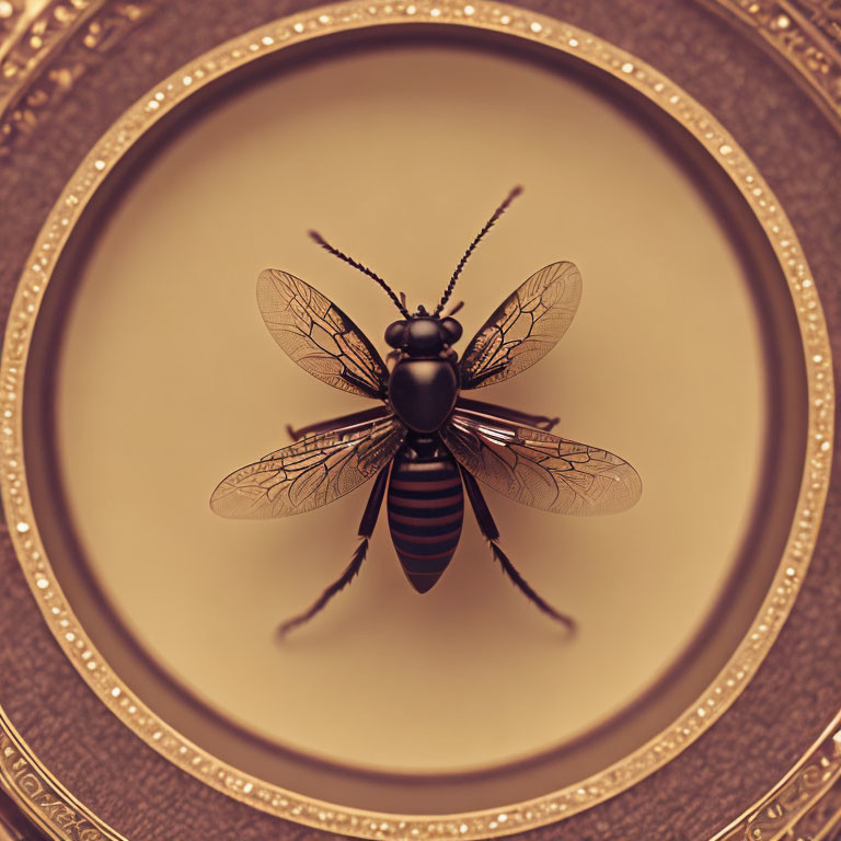 Detailed Bee Illustration with Translucent Wings in Circular Frames