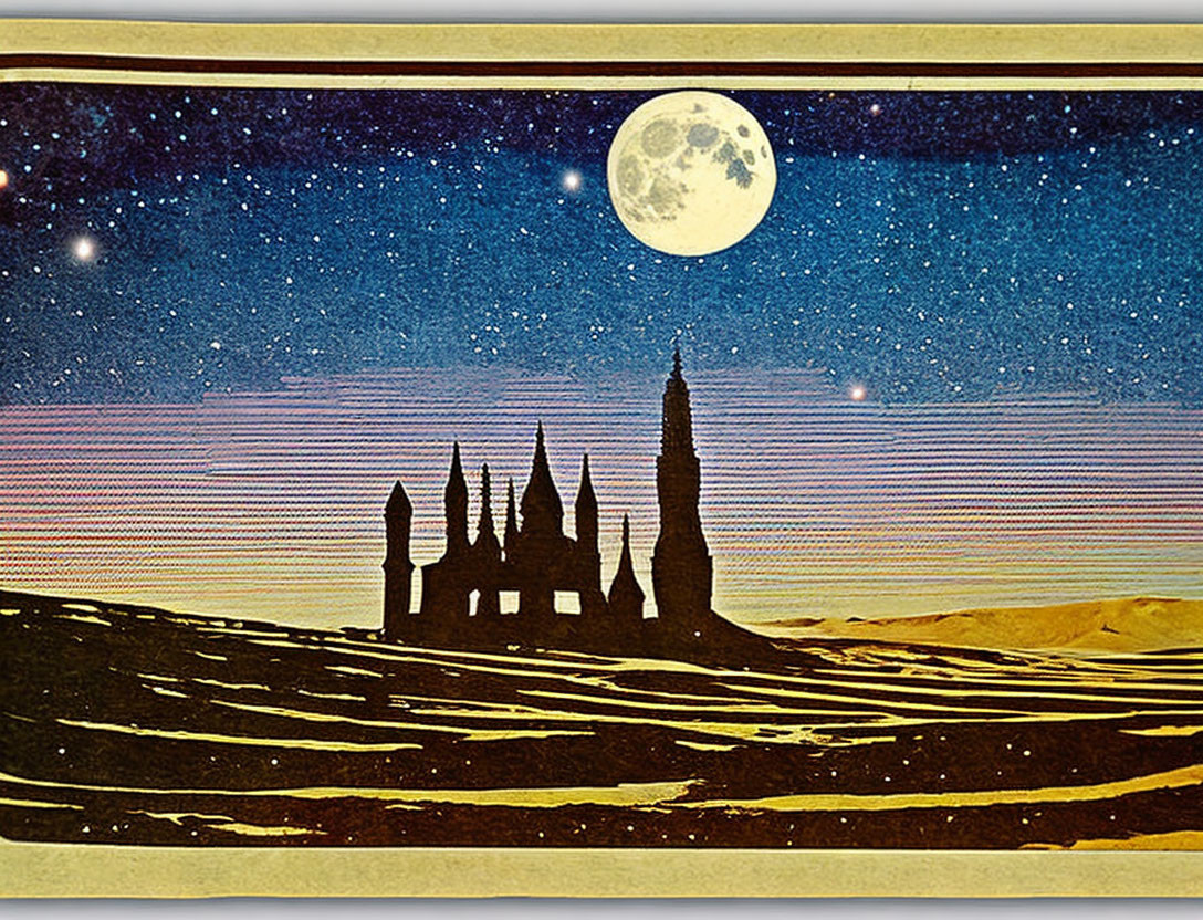 Silhouette of castle under starry night sky with full moon on textured sand surface