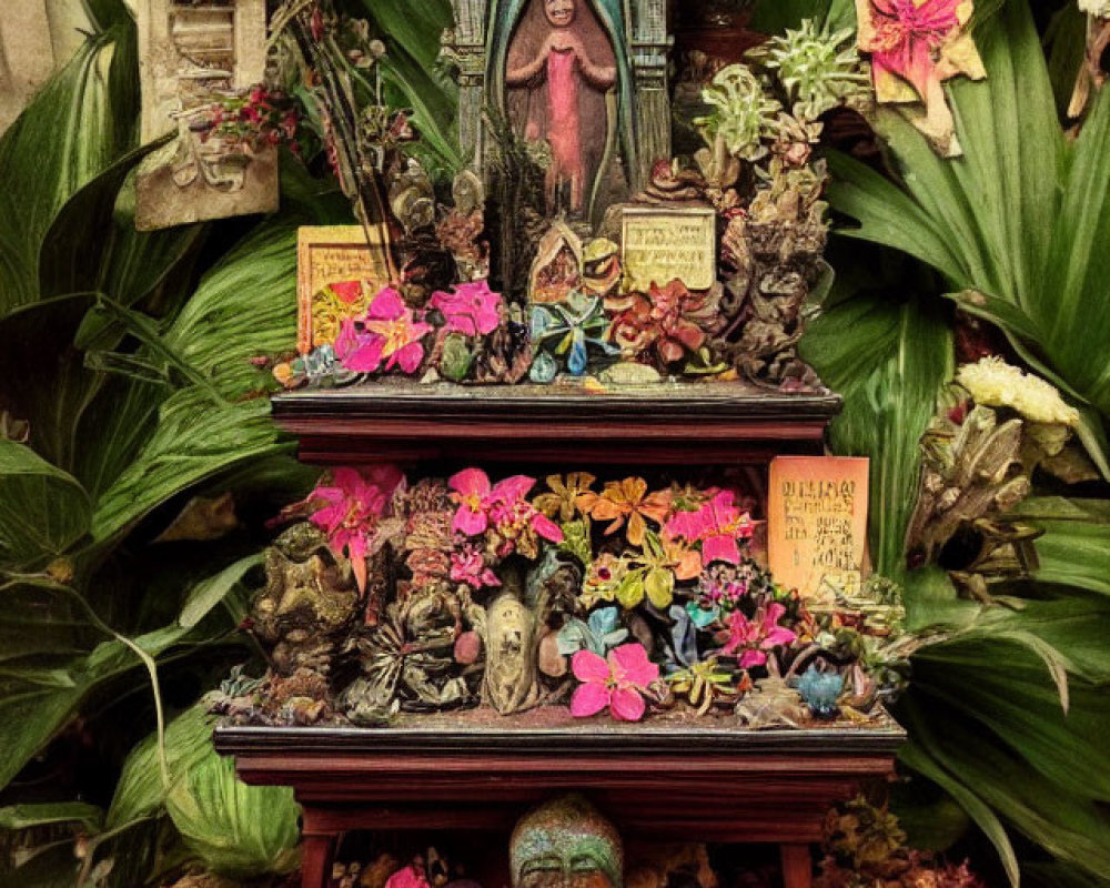 Colorful religious altar with flowers and sculptures in lush green setting