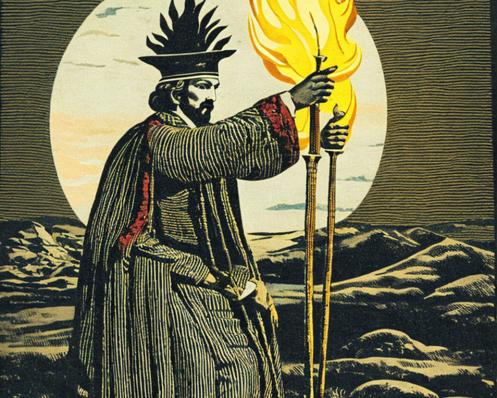 Stylized illustration of robed figure with flaming torch in moonlit mountain landscape