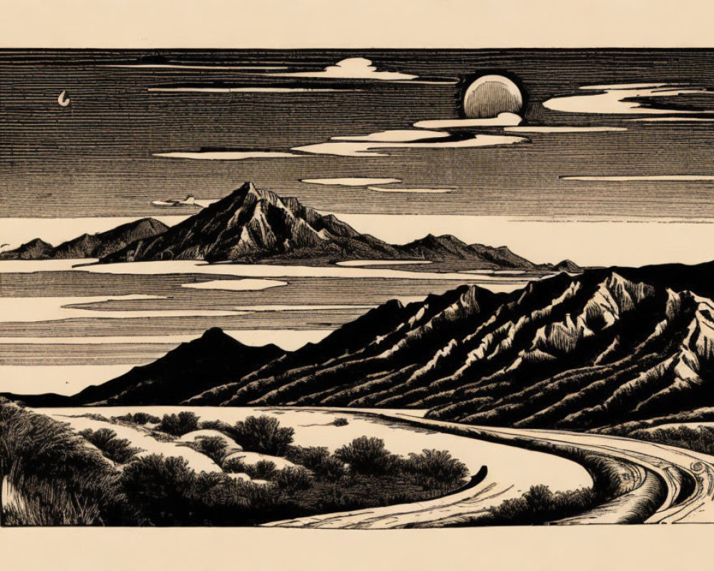 Monochromatic landscape with winding road through hills and mountains