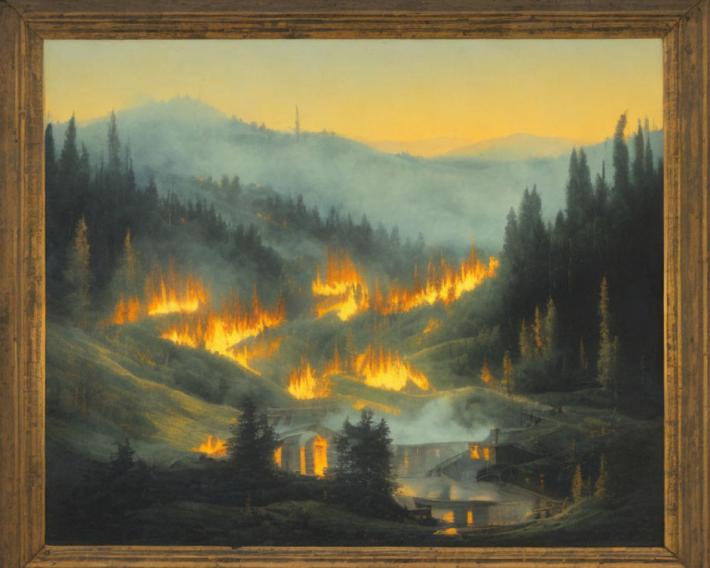 Nighttime landscape painting of forest wildfire scene