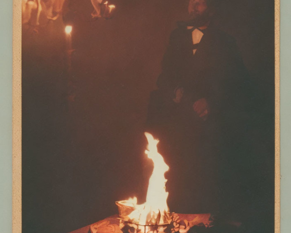 Man in Formal Attire Beside Table with Small Fire and Candles