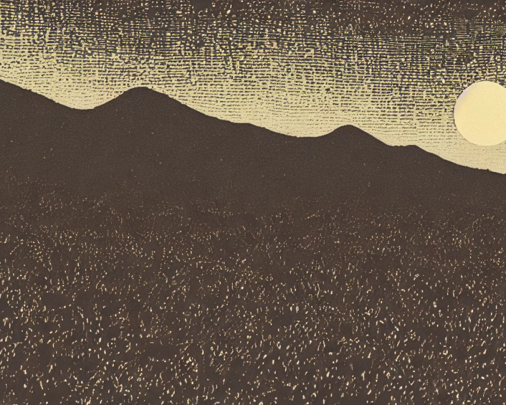 Vintage-style illustration of textured hills under a dotted sky with large sun or moon