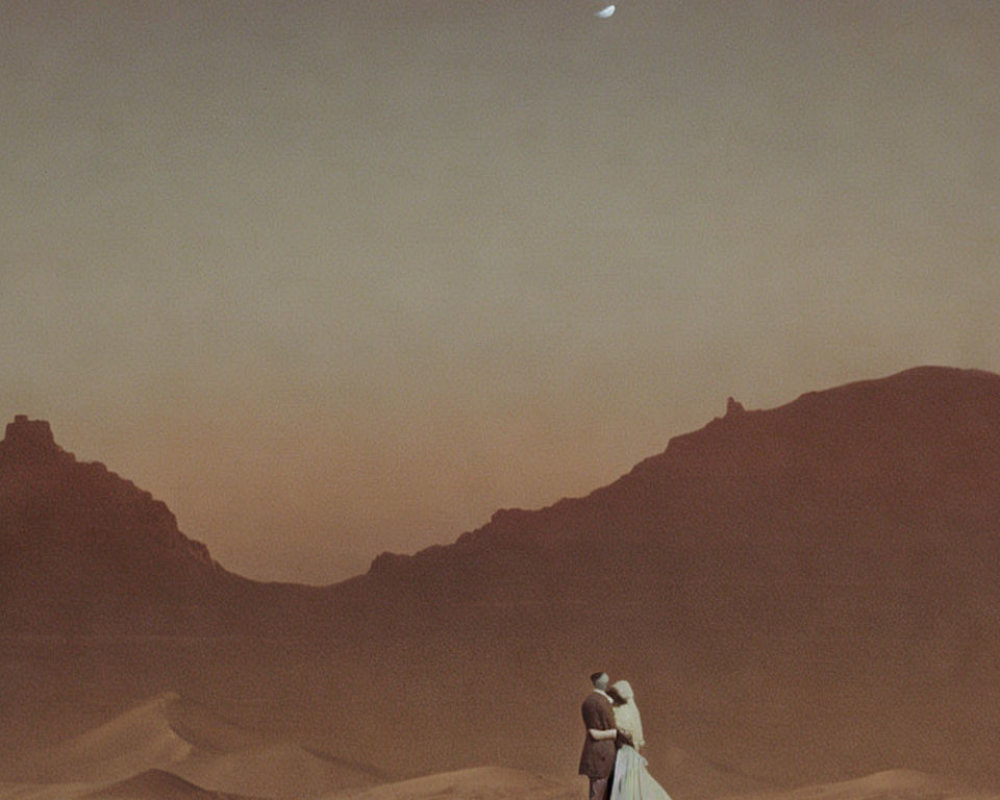 Couple Embracing in Sandy Desert with Rolling Dunes and Moonlit Sky