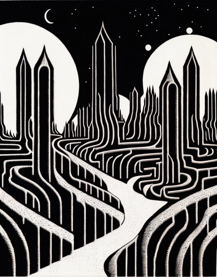 Monochromatic maze landscape with towering spires under starry sky