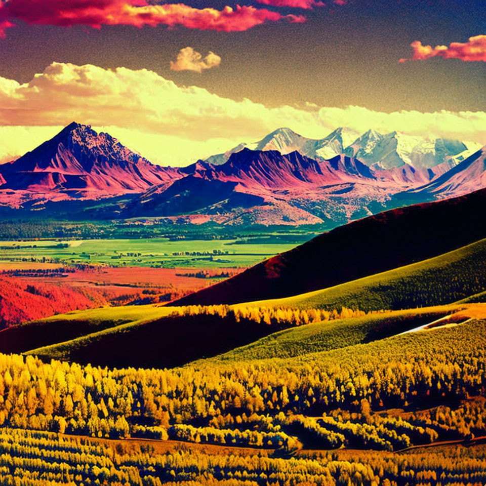 Colorful Autumn Landscape with Snow-Capped Mountains