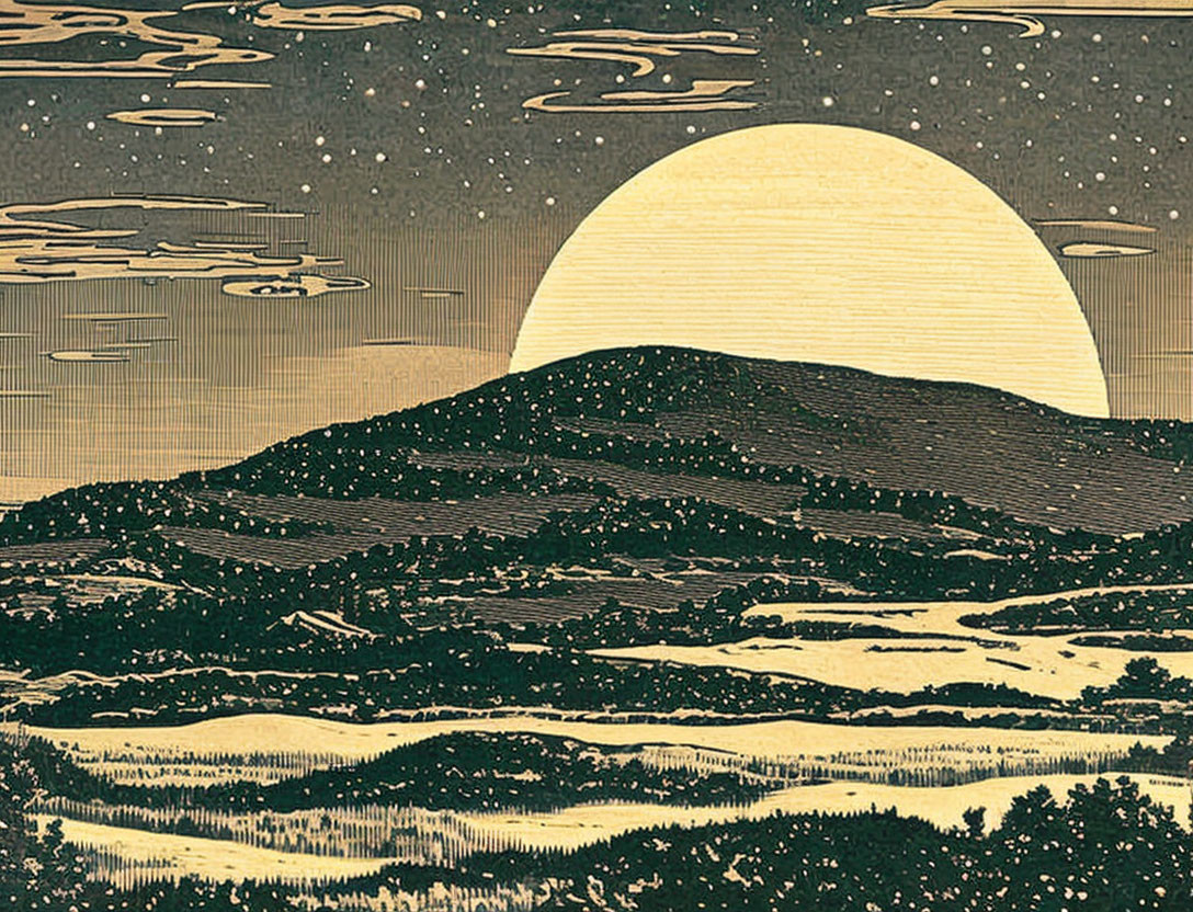 Vintage-style illustration of rolling hills with textured sun setting/rising under cloud-streaked sky