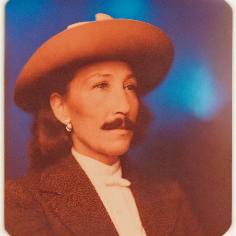 Vintage portrait of a person with mustache in wide-brimmed hat and tweed jacket