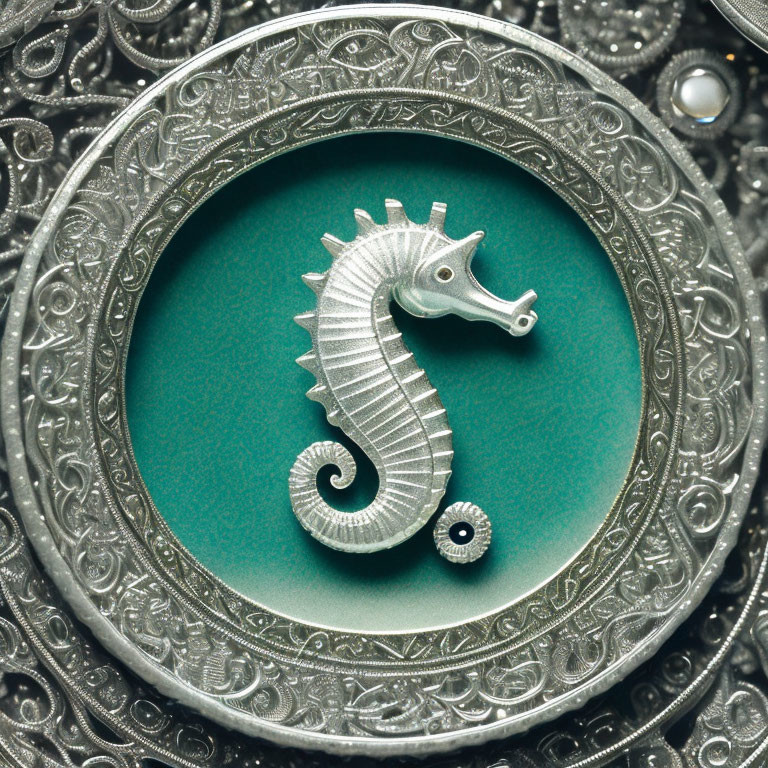 Silver Seahorse Figurine on Turquoise Background with Silver Frame