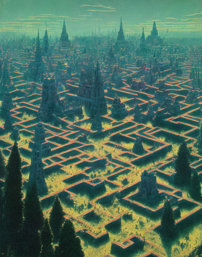 Surreal maze-like city with tall spires and green hedges under a misty sky