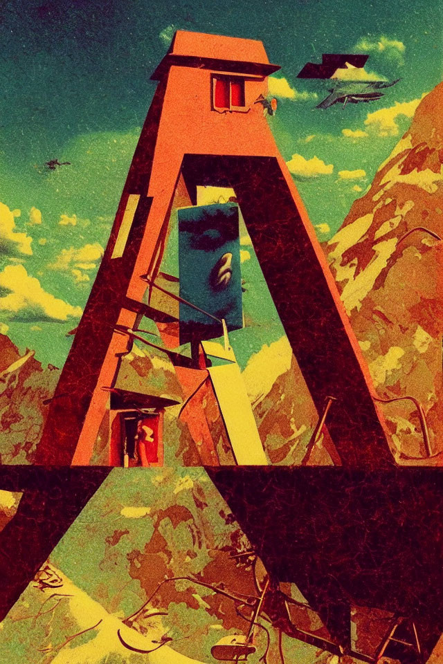 Retro-futuristic artwork of towering structure and cable car against mountain backdrop