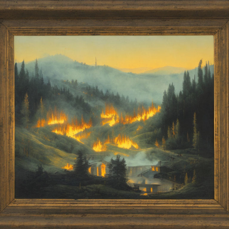 Nighttime landscape painting of forest wildfire scene