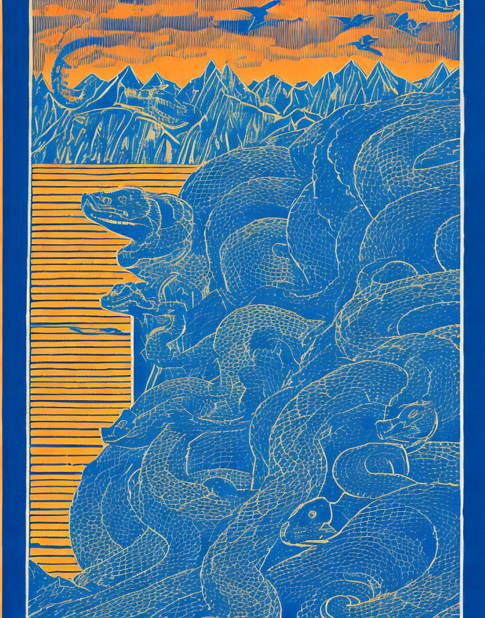 Illustration of intertwined blue snakes on orange background with mountain landscape.