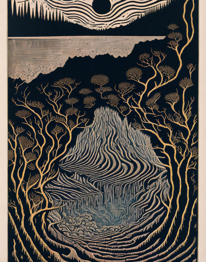 Intricate black and gold mountain landscape artwork