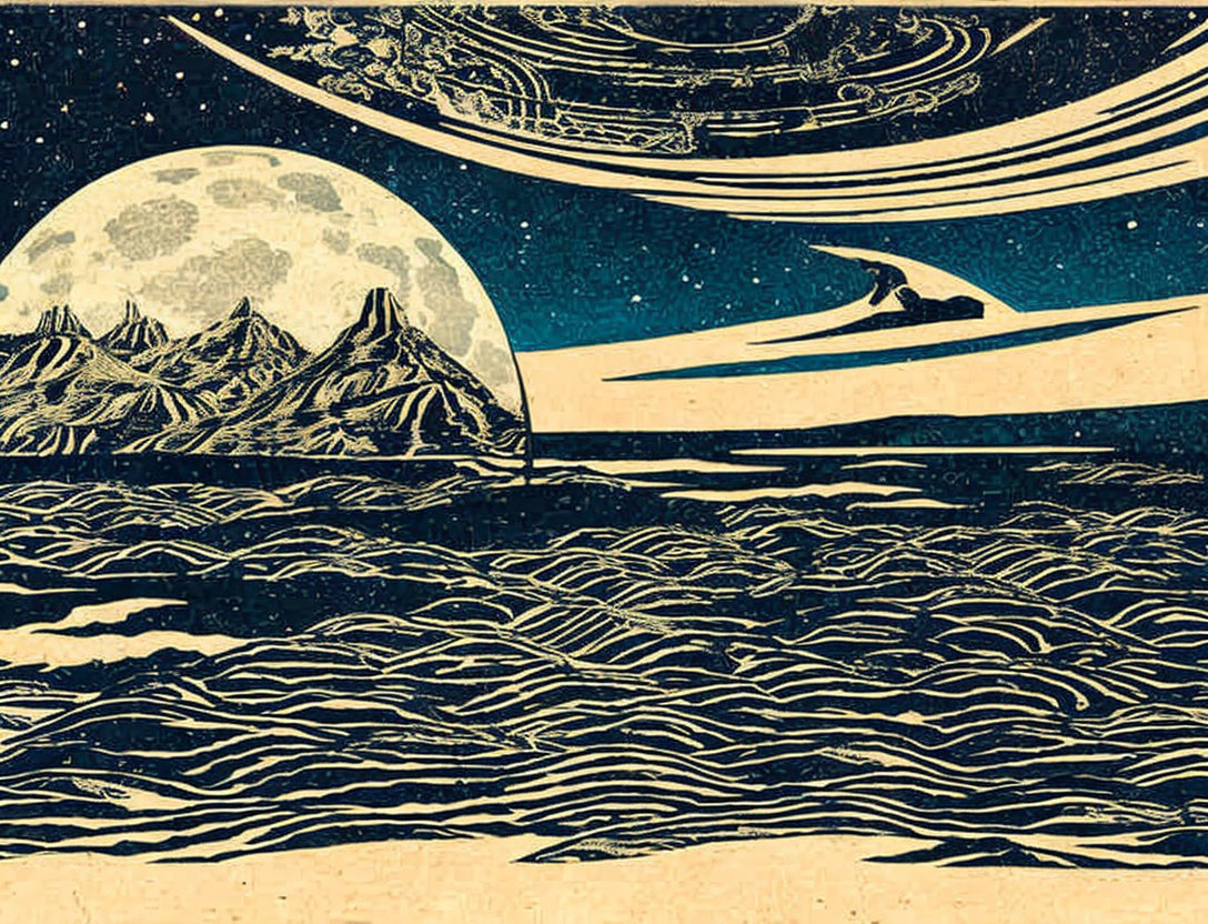 Mountain and Sea Graphic: Whale Tail, Starry Sky, Large Moon