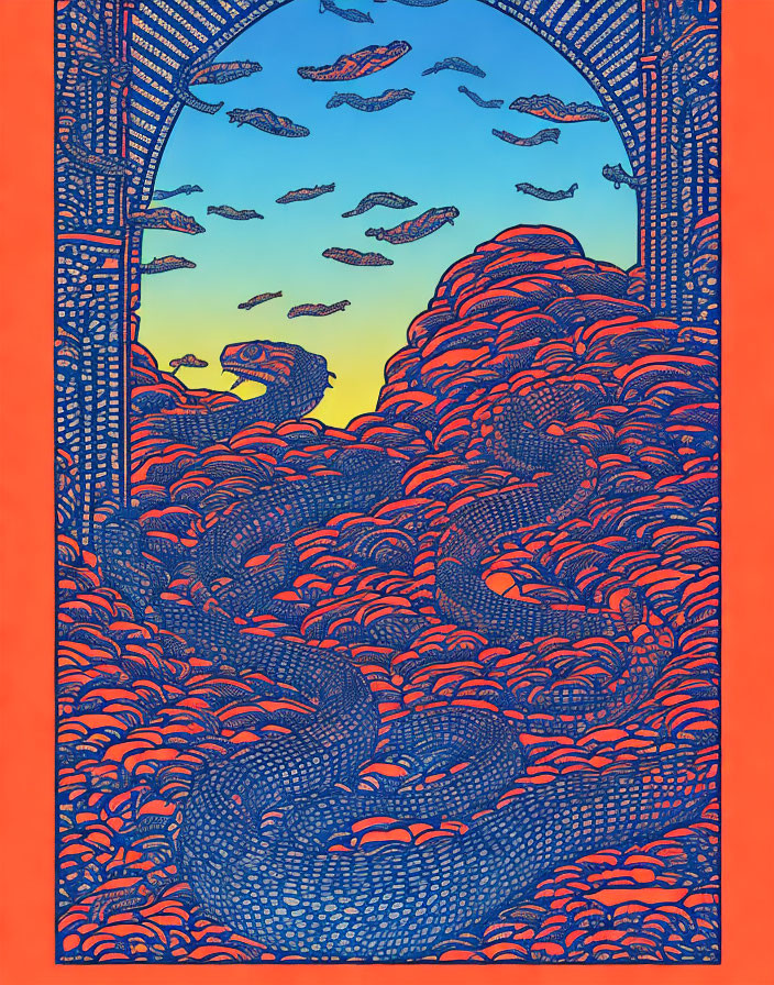 Intricate Blue Serpents Under Ornate Archway with Sunset Sky