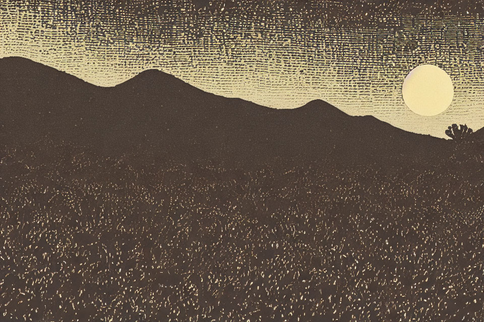 Vintage-style illustration of textured hills under a dotted sky with large sun or moon