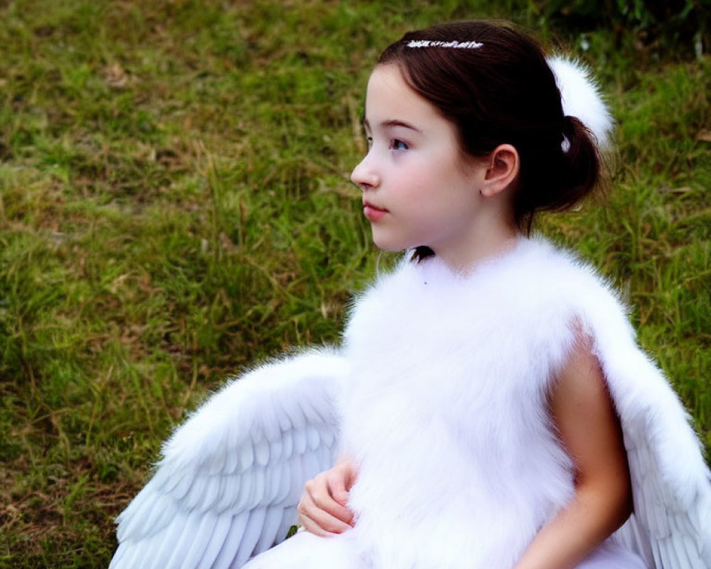 Young Child in White Angel Costume Sitting on Grassy Background