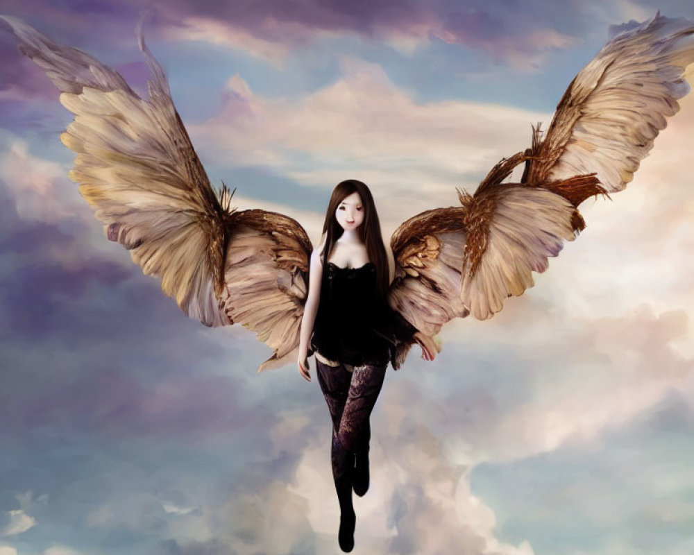 Digital artwork: Woman with intricate wings in sky with soft clouds