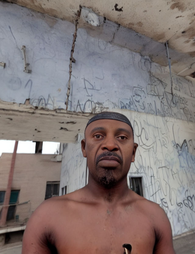 Shirtless man with headband in graffiti-covered room