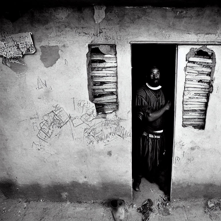 Person in doorway of dilapidated building with cracked walls