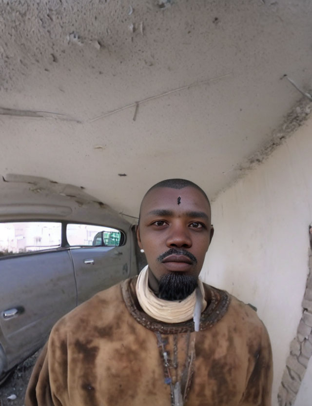 Traditional African Attire Man Under Archway with Car Background