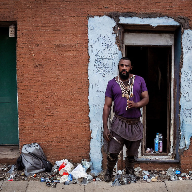 Man standing in doorway against graffiti-covered brick wall with scattered trash.