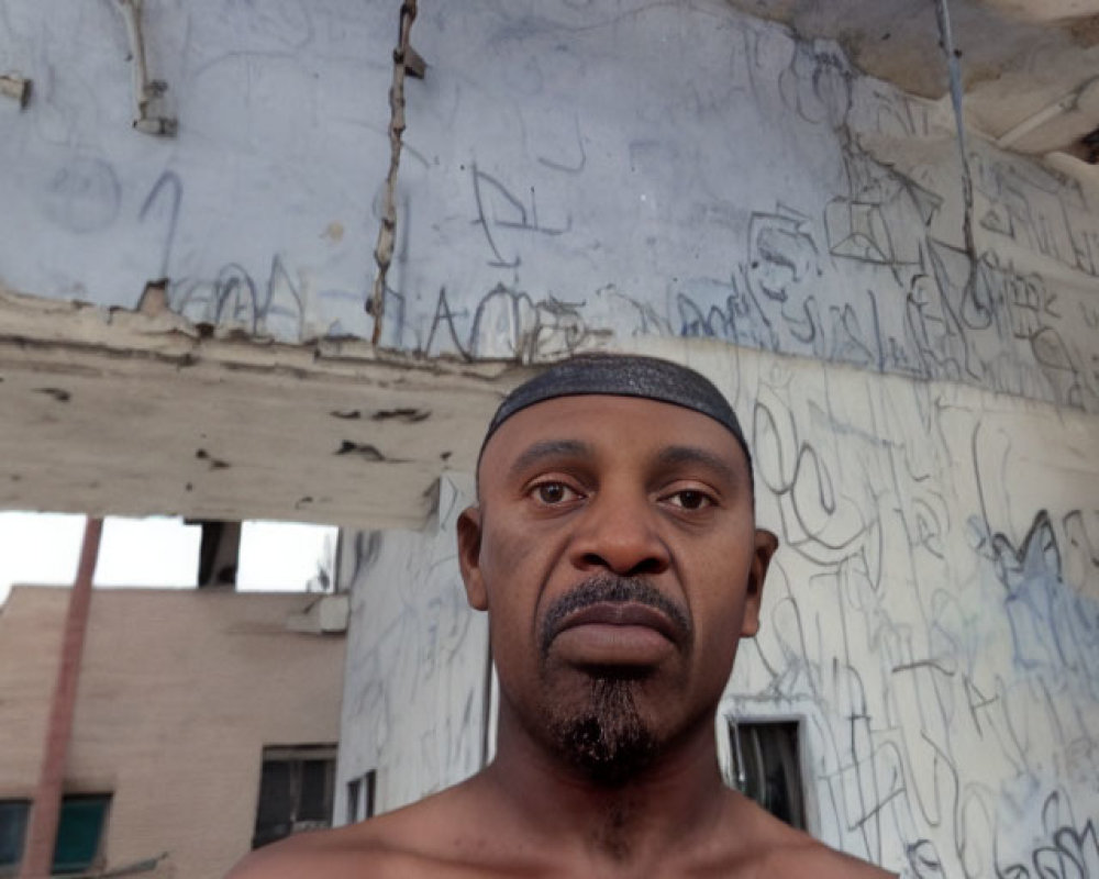 Shirtless man with headband in graffiti-covered room