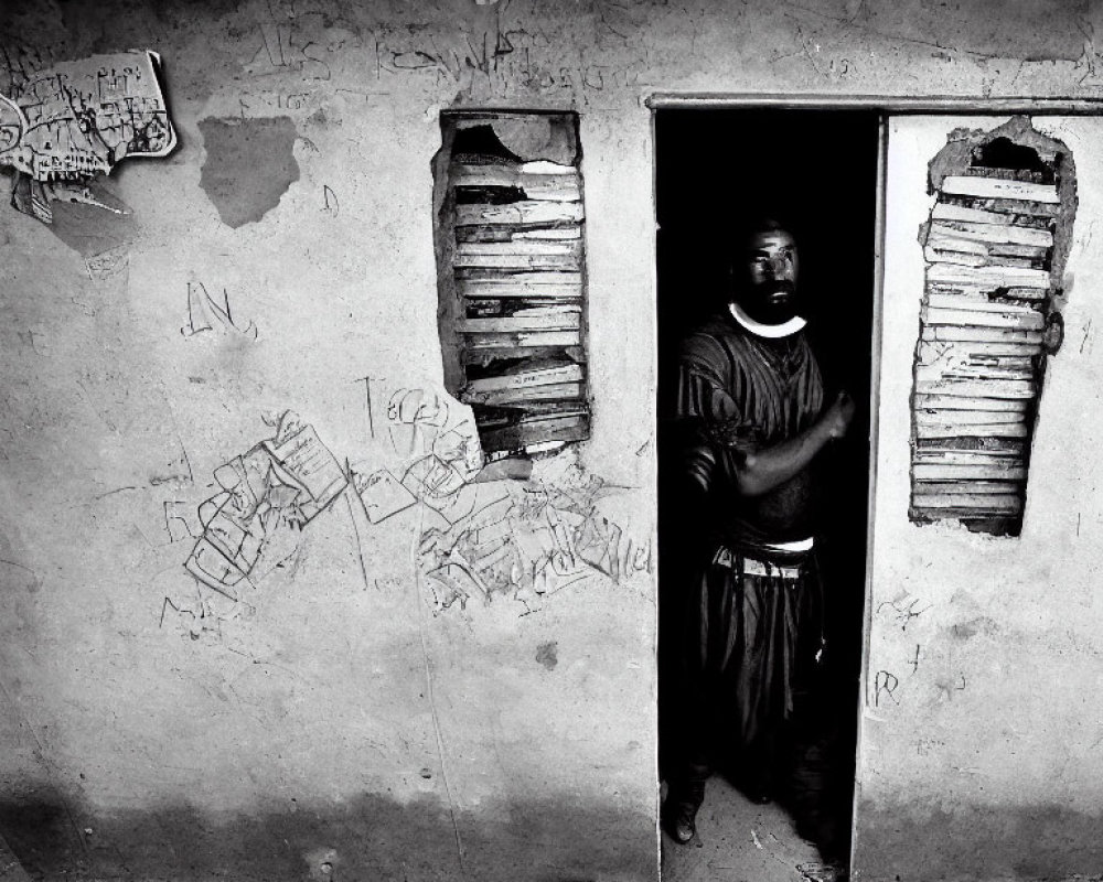 Person in doorway of dilapidated building with cracked walls