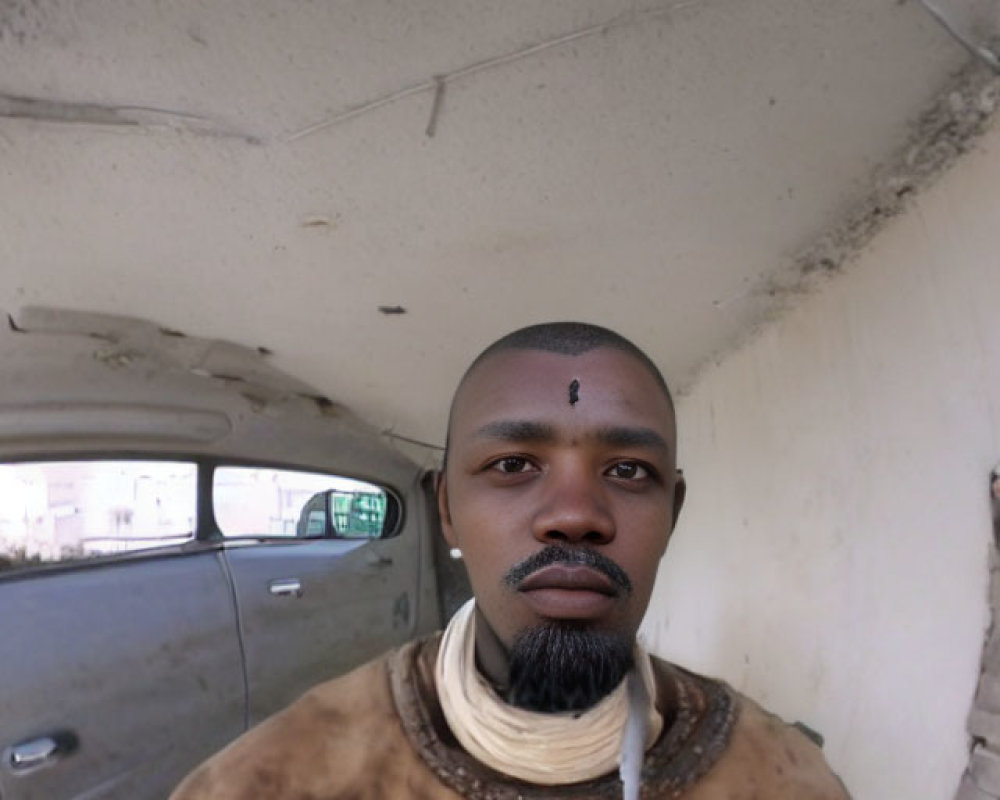 Traditional African Attire Man Under Archway with Car Background