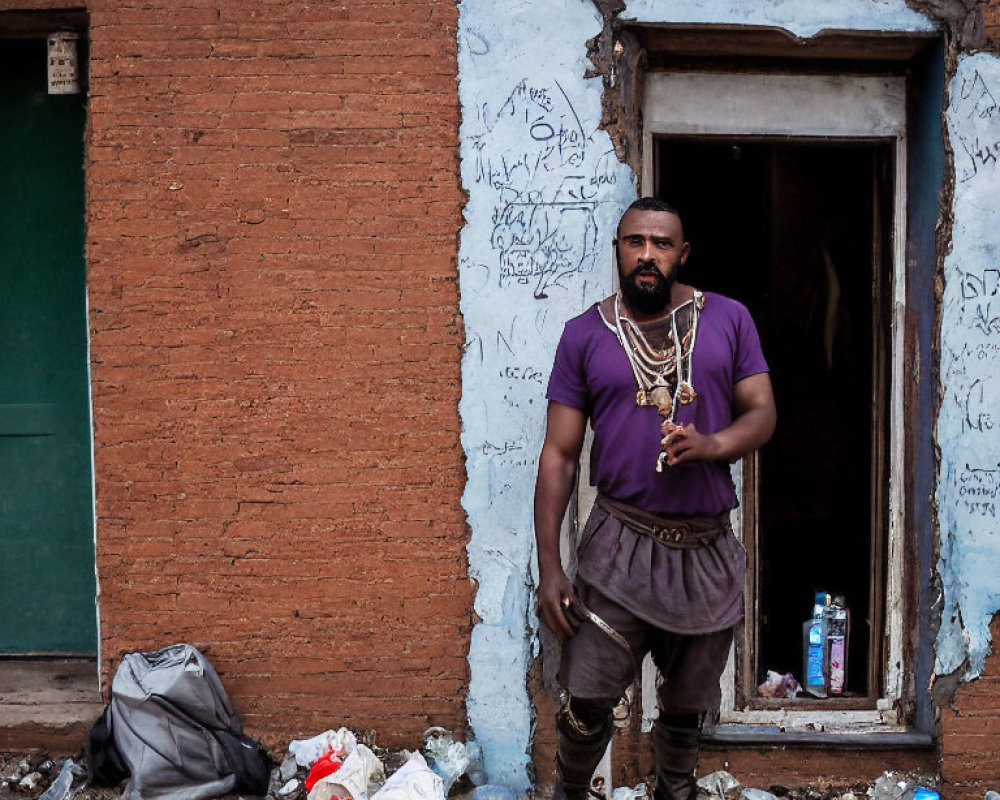 Man standing in doorway against graffiti-covered brick wall with scattered trash.