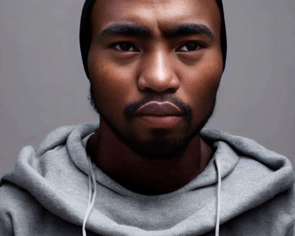 Serious man in gray hoodie and black beanie on neutral background