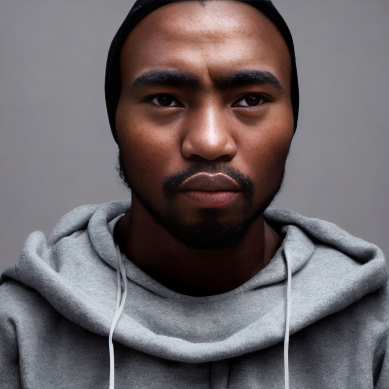 Serious man in gray hoodie and black beanie on neutral background