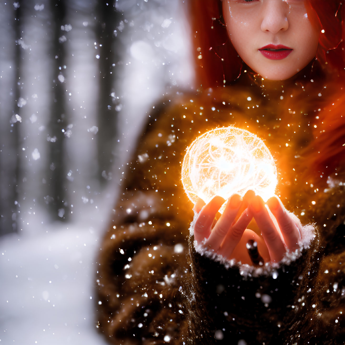 Red-haired woman with glowing orb in snowy forest wearing brown coat